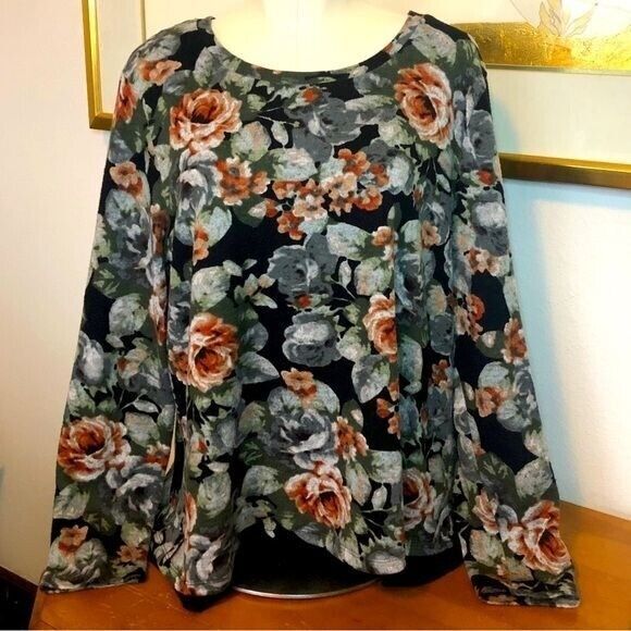 Bobeau Sweaters - Bobeau Womens Large Black Multicolor Floral Knit Tie Knit Back w/ Sheer Sweater